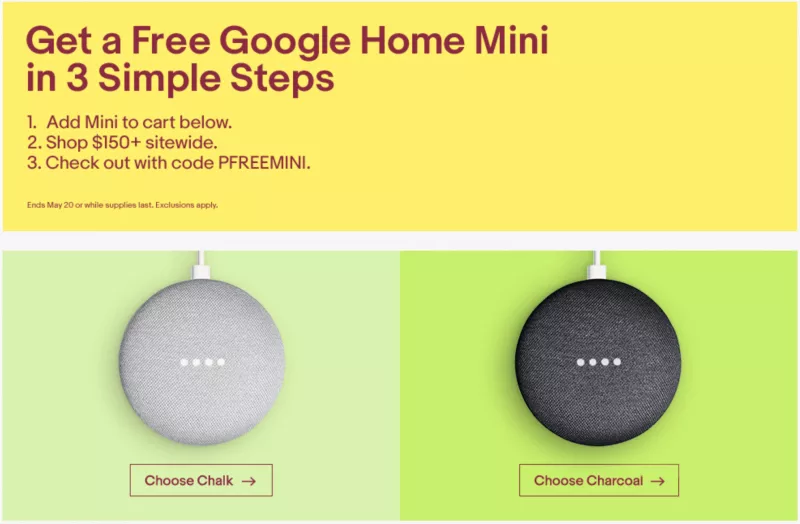 FREE Google Home Mini With $150+ eBay Purchase | eBay | Promo code PFREEMINI | Excludes gift cards, paper money, and real estate.